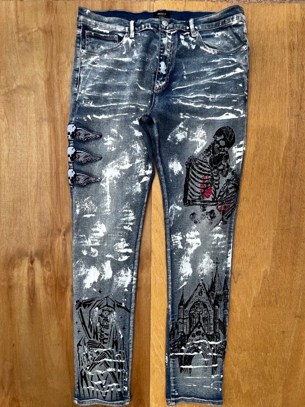 FOREVER 21 PAINT SPLATTER SKULL ART SKINNY JEANS Men’s sz 38 High Rise Blue